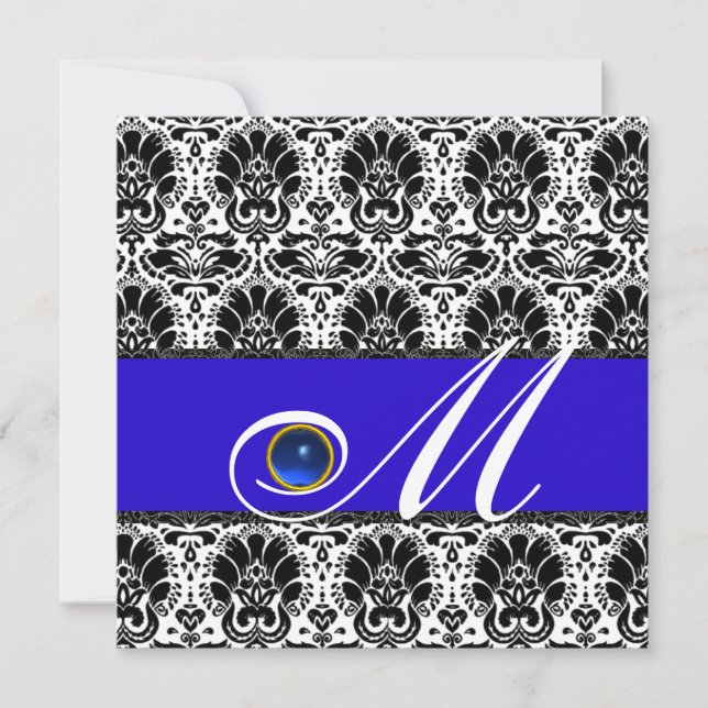 Invitation NOIR BLANC BLEU DAMAS MONOGRAMME Saphir (Devant)