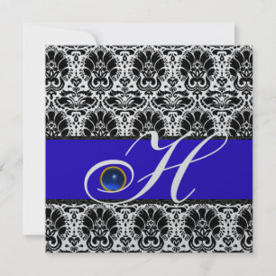 Invitation NOIR BLANC BLEU DAMAS MONOGRAMME Saphir Argent