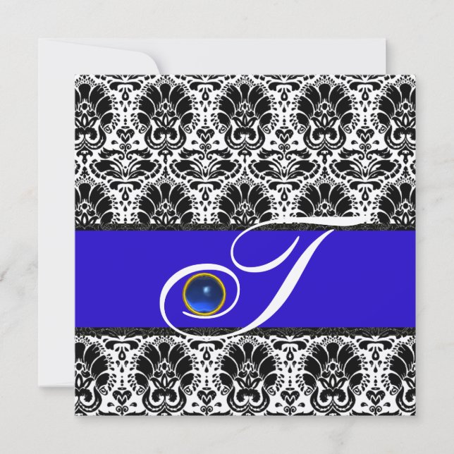 Invitation NOIR BLANC BLEU DAMAS MONOGRAMME Saphir Métallisé (Devant)