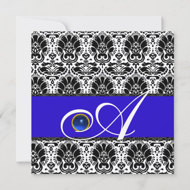 Invitation NOIR BLANC BLEU DAMAS MONOGRAMME Saphir Or (Devant)