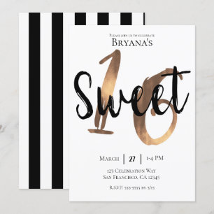 Invitation Noir Blanc Bronze Moderne Sweet 16 Anniversaire