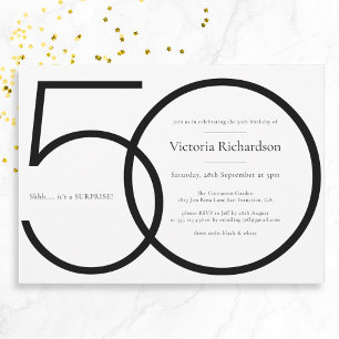 Invitation Noir Blanc Chic Minimaliste Surprise 50e anniversa