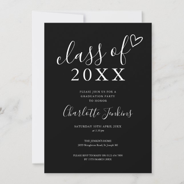 Invitation Noir Blanc Classe de Script Coeur Graduation Party (Devant)