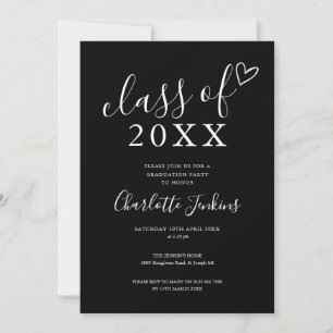 Invitation Noir Blanc Classe de Script Coeur Graduation Party