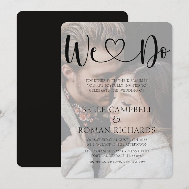Invitation Noir & Blanc Coeur Calligraphie & Mariage Photo Da (Devant / Derrière)