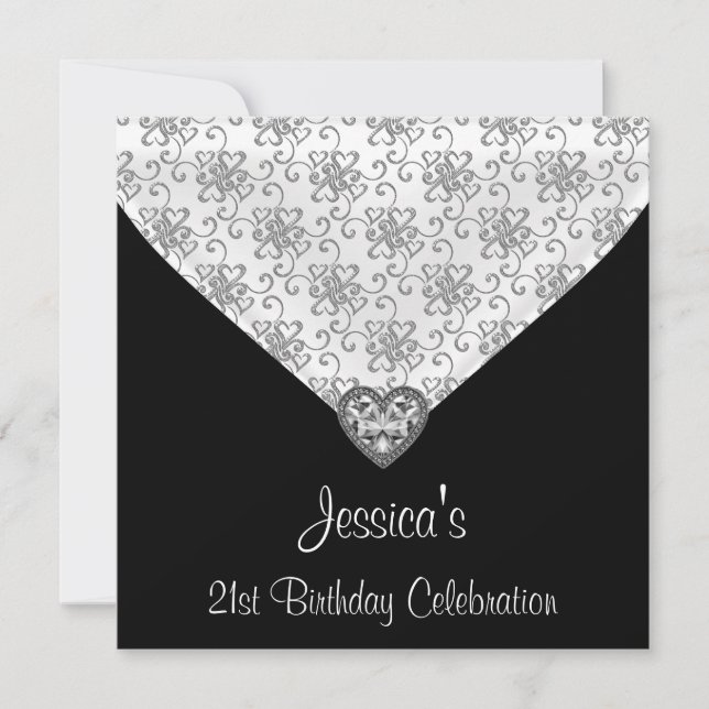 Invitation Noir Blanc Coeurs d'argent Bijou 21e anniversaire (Devant)