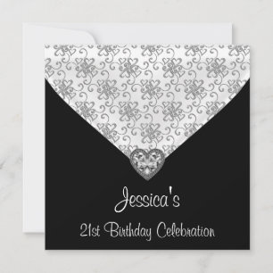 Invitation Noir Blanc Coeurs d'argent Bijou 21e anniversaire
