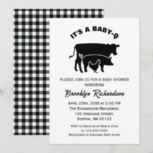 Invitation Noir Blanc Cow Cochon poulet BabyQ Baby shower bar
