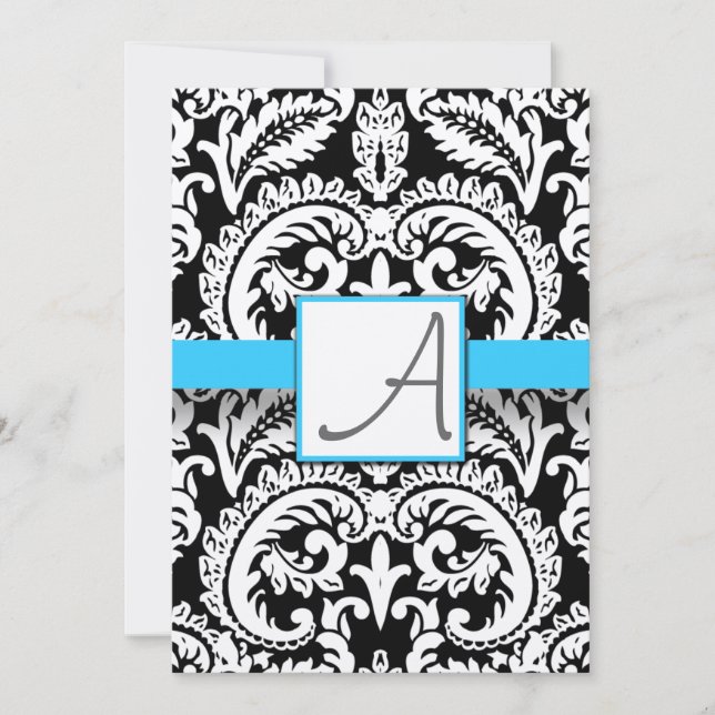 Invitation Noir & Blanc Damask Bright Aqua Trim avec points (Devant)