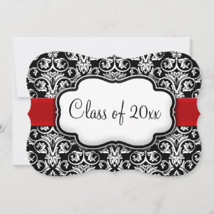 Invitation Noir/Blanc Damask Red Ribbon Graduation