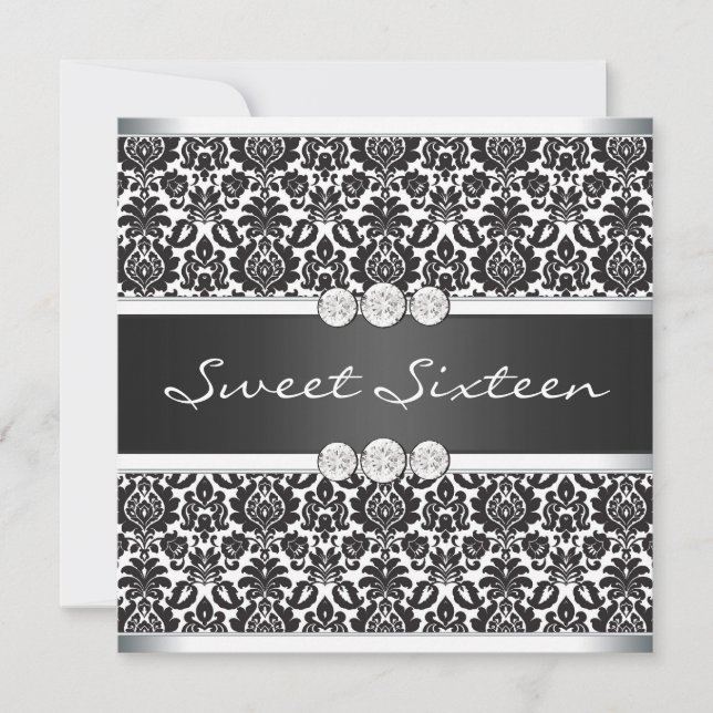 Invitation Noir blanc Damask Sweet 16 Party (Devant)