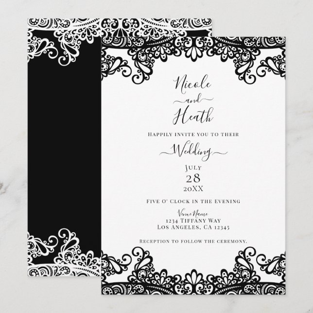 Invitation Noir & Blanc dentelle élégant mariage (Devant / Derrière)