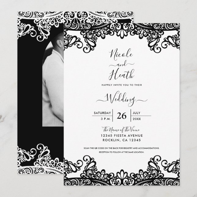 Invitation Noir & Blanc dentelle élégant mariage (Devant / Derrière)