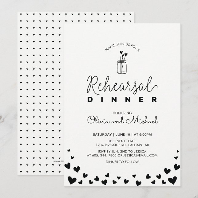 Invitation Noir & Blanc | Dîner de répétition des coeurs Invi (Devant / Derrière)