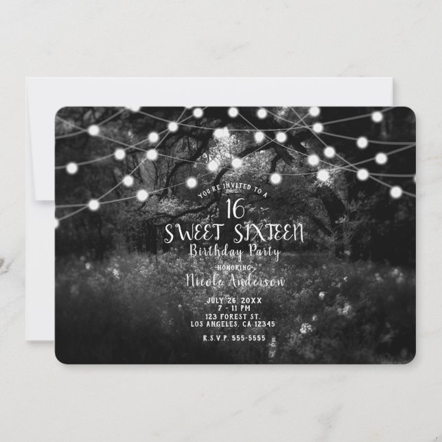 Invitation Noir Blanc Enchanted Forest Lights Sweet 16 Party (Devant)