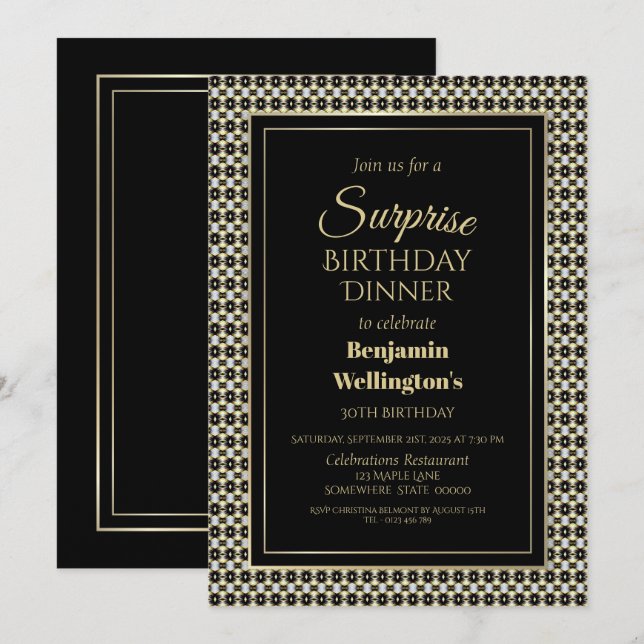 Invitation Noir Blanc et or Surprise 30e anniversaire Dîner (Devant / Derrière)