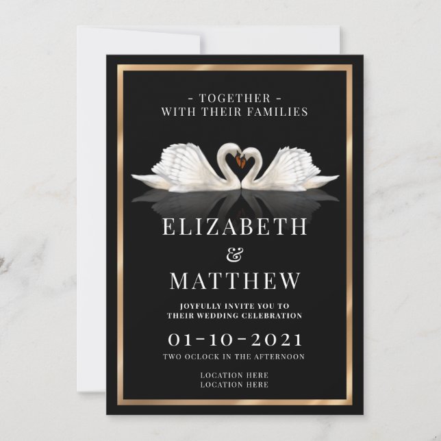 Invitation Noir, blanc et or Thème avec Mariage Swans (Devant)
