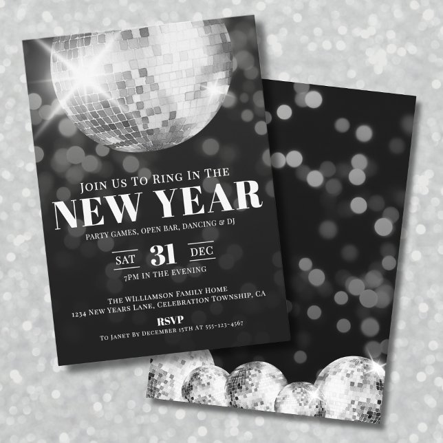 Invitation Noir Blanc Fête de la Saint Sylvestre (Black White New Year's Eve Celebration Party Invitation)