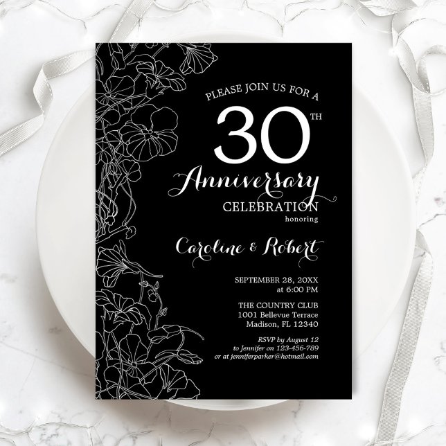 Invitation Noir Blanc Floral 30e Anniversaire (Créateur téléchargé)