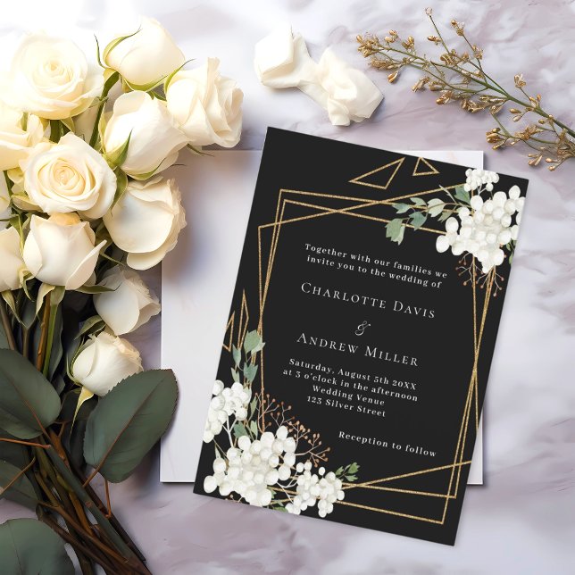 Invitation Noir blanc floraux or mariage géométrique (Créateur téléchargé)