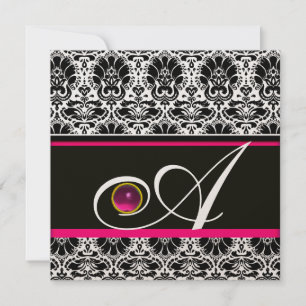 Invitation NOIR BLANC FUCHSIA DAMASK MONOGRAM Améthyste Or