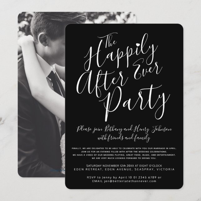 Invitation Noir blanc heureux jamais après la fête de mariage (Devant / Derrière)