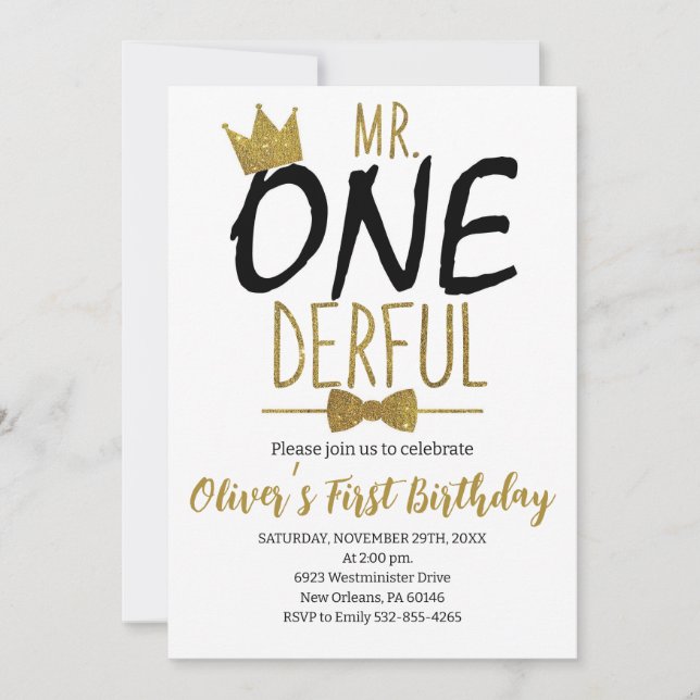 Invitation Noir & Blanc, M.Onederful Birthday, Little Man (Devant)