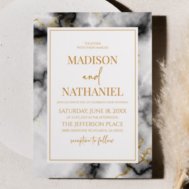 Invitation Noir Blanc Marbre Or élégant Mariage (Créateur téléchargé)