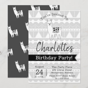 Invitation Noir & Blanc moderne Aztec Llama Anniversaire
