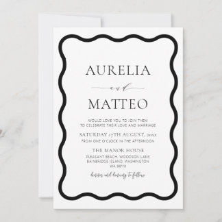 Invitation Noir & Blanc Moderne Elégant Bordure Vave Minimale