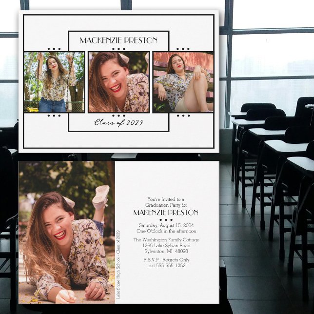 Invitation Noir blanc moderne Quatre photo Grad Party (Pretty black and white modern grad party invitation.  Personalized with four photos.)