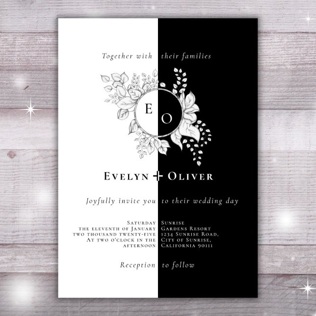 Invitation Noir Blanc Monogramme Crest Élégant Mariage Floral (Créateur téléchargé)