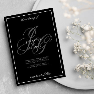 Invitation Noir blanc monogramme initiales mariage romantique