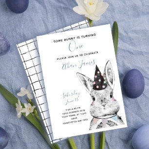 Invitation Noir & Blanc Neutre Quelque Lapin a une Fête d'ann
