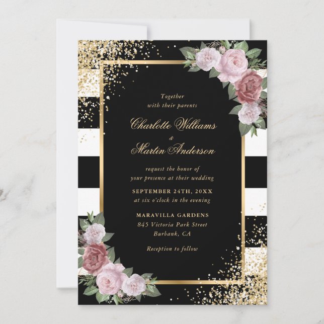 Invitation Noir Blanc Noir Rose Mariage Confetti (Devant)