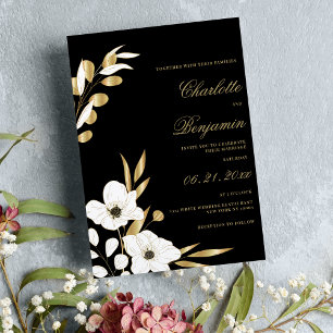 Invitation Noir blanc or élégant luxe mariage floral