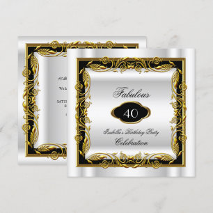 Invitation Noir Blanc Or Fabuleux 40ème Élégant Anniversaire