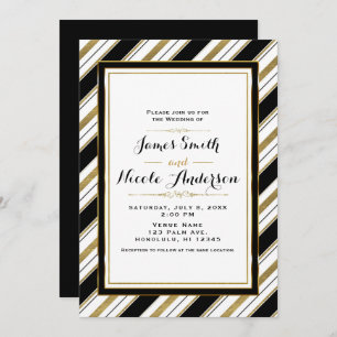 Invitation Noir Blanc & Or Horizontal Chic Stripes Mariage