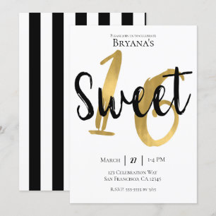 Invitation Noir Blanc Or Moderne Fête d'anniversaire Sweet 16