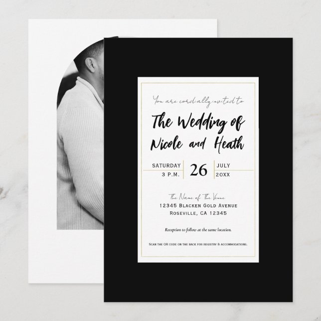 Invitation Noir Blanc Or moderne minimal mariage élégant (Devant / Derrière)