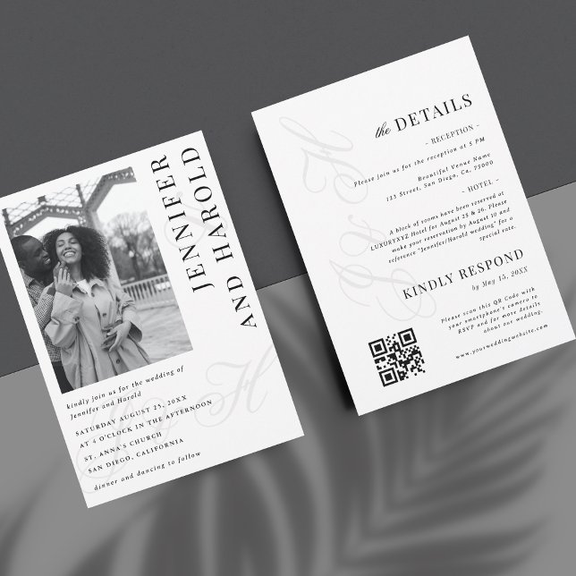 Invitation Noir Blanc Photo Monogramme QR Code Mariage (Créateur téléchargé)