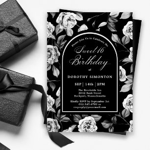 Invitation Noir Blanc Rose Floral Arch Sweet 16 Anniversaire