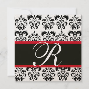 INVITATION NOIR & BLANC  ROUGE  DAMASSÉ MONOGRAMME