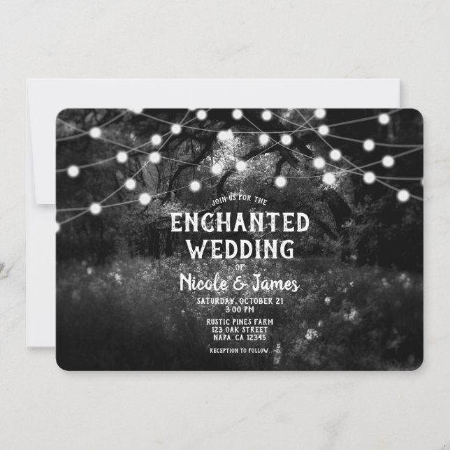 Invitation Noir Blanc Rustique Enchanted Forest Lumières Mari (Devant)