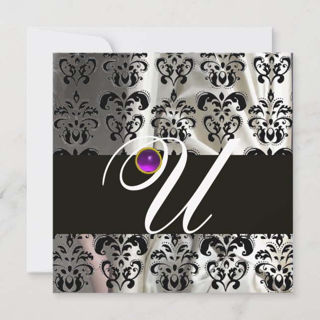INVITATION NOIR BLANC SOIE DAMASSÉ MONOGRAMME AMETHYSTE VIOLE (Devant)