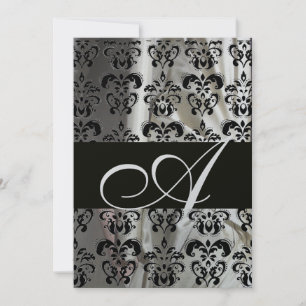 INVITATION NOIR BLANC SOIE DAMASSÉ MONOGRAMME ARGENT