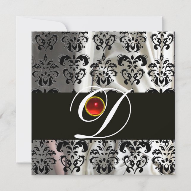 INVITATION NOIR BLANC SOIE TISSU DAMASSÉ MONOGRAMME  ROUGE RU (Devant)