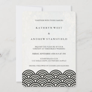 Invitation Noir + Blanc Stylisé Vagues Élégantes Mariage plag