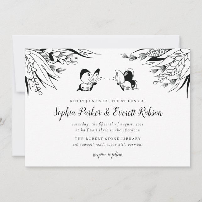 Invitation Noir Blanc Stylo Encre Papillon Floral Mariage (Devant)