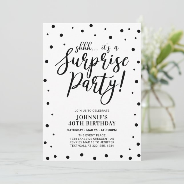 Invitation Noir & Blanc | Surprise Adulte fête d'anniversaire (Debout devant)